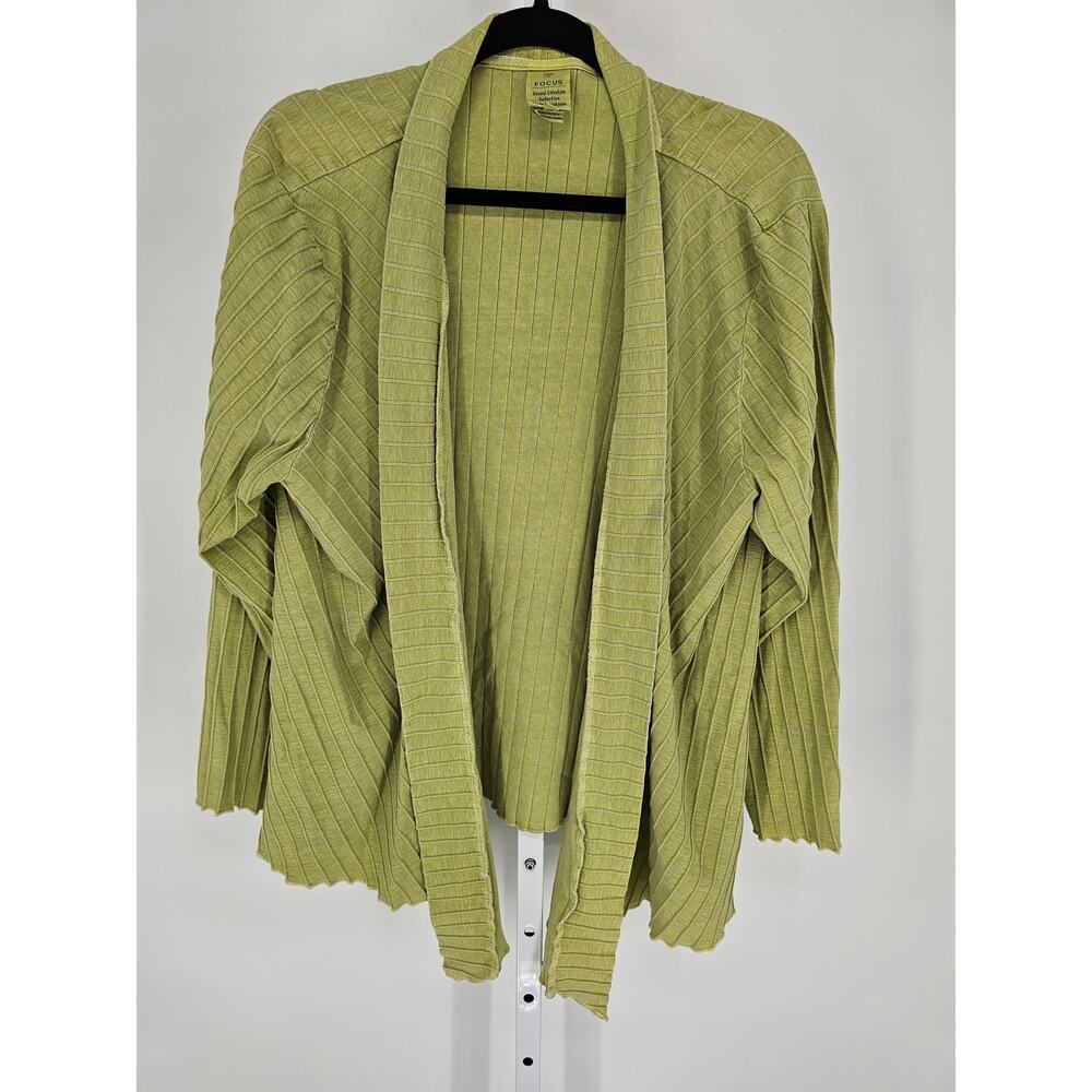Focus Womens Sz XL 100% Cotton Cardigan Sweater Lime Green Thick Ribbed
